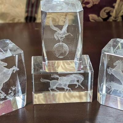 Etched Glass Horse Themed Paperweights - 4 pc 