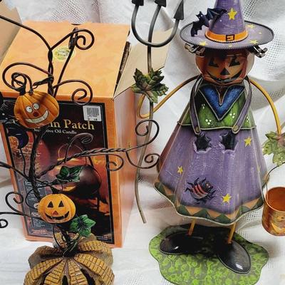Halloween Décor Metal Pumpkin, Witch, Stand, and Light