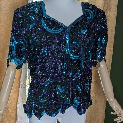Lawrence Kazar Silk Beaded Sequin Embroidered Top Size L