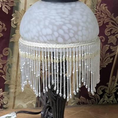 Small Vintage Bedside Lamp Boudoir Lamp- Metal base, Glass Shade with Beaded Fringe