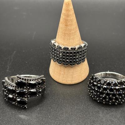 Black Faceted Rings Of Silver Set Of 3