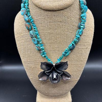 SX Sterling Silver Orchid And Turquoise Necklace 