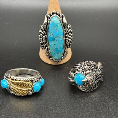 BBJ Silver Turquoise Rings Set Of 3