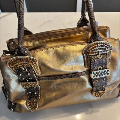 Kathy Designer Handbag Gold Tone Tooled Accents With Bling 