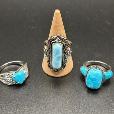 Three Ring Lot With Turquoise Stones