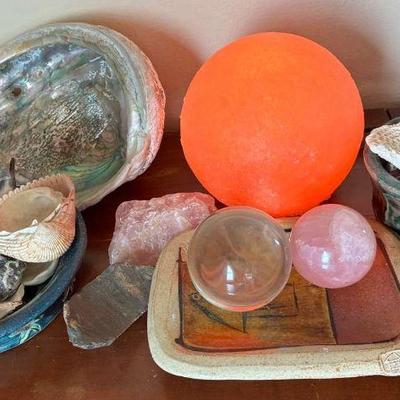 Shells crystals, salt lamp, quartz spheres