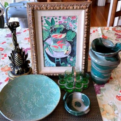 Vaseline shot glass caddy other decor in complementing greens