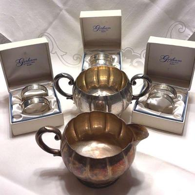 Sterling sugar creamer & napkin rings