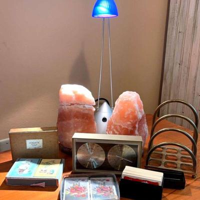 Salt lamps desk lamp, playing cards, file holder & more