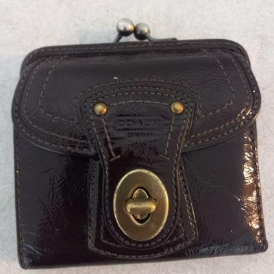 Authentic Coach Leather French Turnlock Bifold Wallet with Kiss Lock - Brown Leather/Lavender/Stripes/Brass