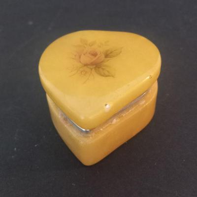 Vintage MCM Genuine Alabaster Hand Carved in Italy Heart-Shaped Hinged Trinket Box with Hand Painted Rose