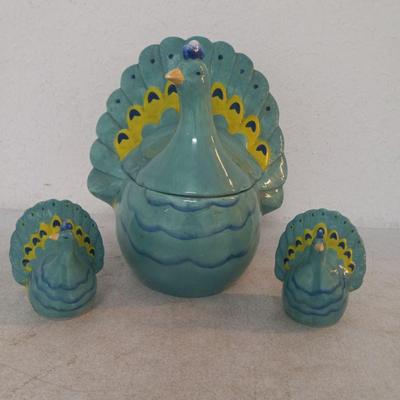 2014 Canterbury Pottery "Peacock" Cookie Jar with Matching Salt & Pepper Shakers