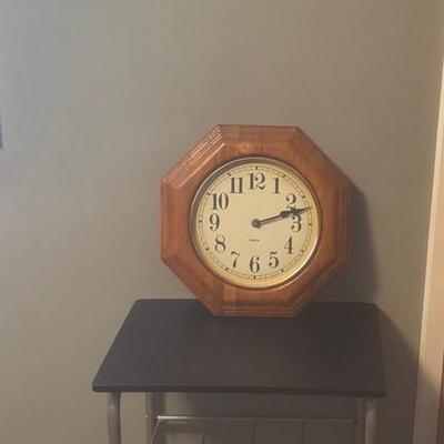 Small Rolling Kitchen Cart, Wooden Sign And Wall Clock