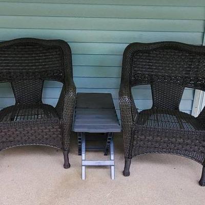 (2) Rattan Brown Chairs & (2) Small Tables