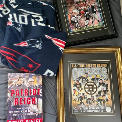 Bruins & Tom Brady Pictures w/ Pats Book & Blanket