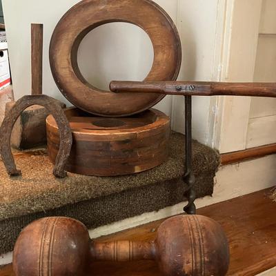 Antique Hat Brim Mold, Wooden Dumbbell, Horseshoe, Hand Drill, Mallet, and Wooden Split Wheel Pulley