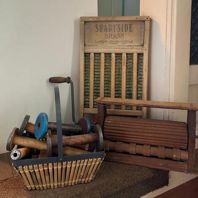 Vintage Washboard, Hand-Crank Clothes Wringer, and Wooden Spools