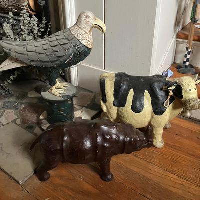 Midcentury Leather Wrapped Rhino, Carved Eagle, and Vintage Cow Folk Art Figurine