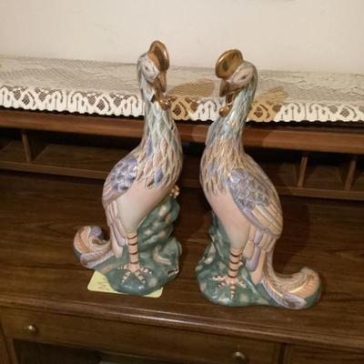 Vintage 17 inch pheasant peacock golden crown figurine pair