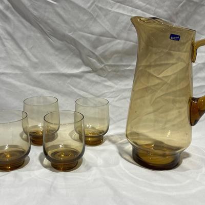 Vintage Amber MCM Era Bjorkshult Sweden Pitcher And Glasses