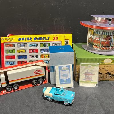 Vintage Kiddie Car Corner Drive-In And 1955 Custom Chevy, Motor Wheels, Nylint Steel Tractor Trailer