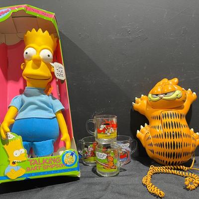 Vintage Garfield Tyco ‘80’s Hanging Wall Phone, McDonalds Mugs, Talking Bart Simpson