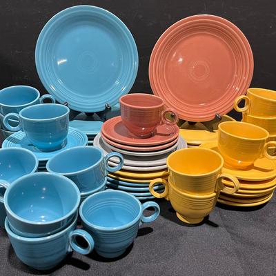 Vintage Fiestaware Plates, Mugs, & Saucers in Rose Pink, Turquoise, Yellow, and Gray