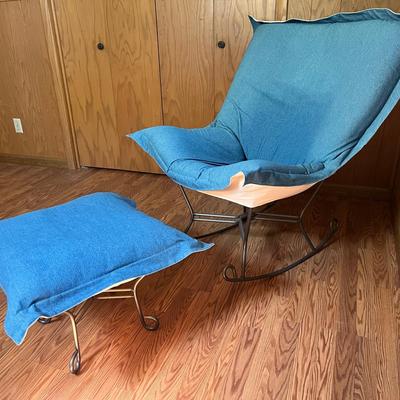 Howard Elliott Scroll Puff Rocker Titanium Frame Denim Chair & Ottoman 