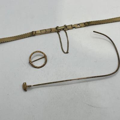Antique 858 (14k) Gold Filigree Pin/Brooch, 12k GF Gold Antique Glasses Arm & 10k GF Watch Band 