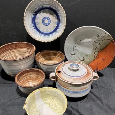 Vintage Handmade Stoneware Pottery-Casserole, Fluted Pie Plate, Tea Bowl, Planters + More