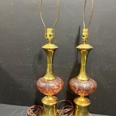Pair of Mid Century Brass and Pink Glass Lamps