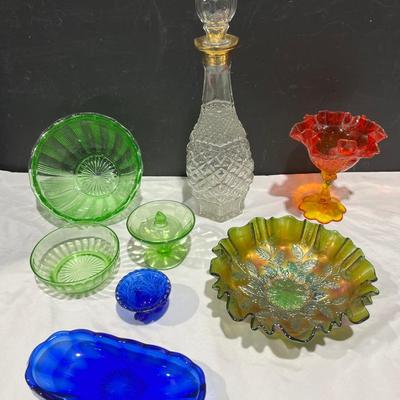 Vintage Fenton Emerald Grape Leaf Carnival Bowl, Green Depression Glass & More