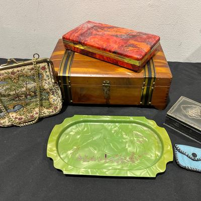 Vintage Bakelite Catchall Tray, Tapestry Purse, 60s Jewlery Case & More