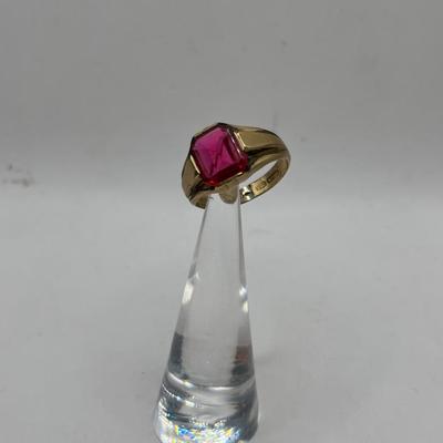 Marked 1/20 14K Vintage Art Deco Emerald Cut Ruby Ring 