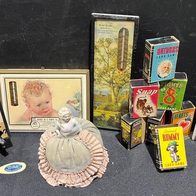 Vintage Advertising Thermometers, Whitman Peter Pan Card Games And Porcelain Pin Cushion