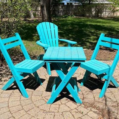 All Weather Turquoise Patio Set & Adirondack Chair. All Collapsable For Storage!