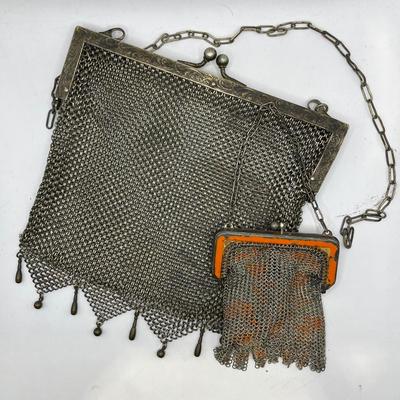Antique German Silver Mesh Chainlink Purse & Mini Antique Orange Mesh Chainlink Purse