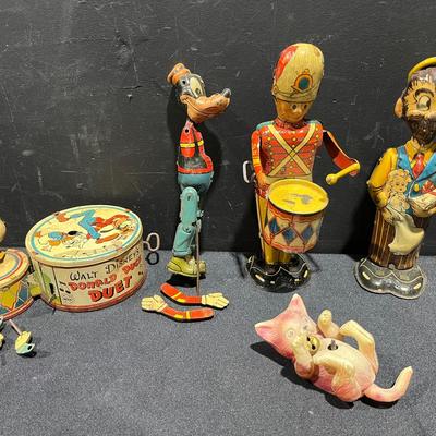 ‘30’s-40’s Tin Wind Up Toys Walt Disney And Marx + Celluloid Cat