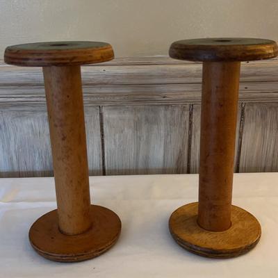 Pair Of Antique Patina Wooden Yarn Spools