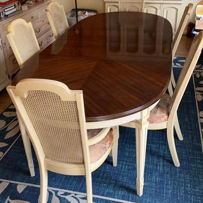 Wooden Dining Table W/ Ivory-Tone Cane-Back Chairs