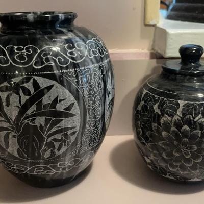Etched Marble Floral-Themed Vase & Jar