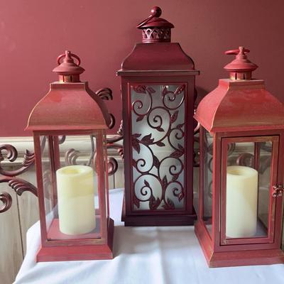 Trio of Red Metal Lanterns & Ornate Wall Hanging 
