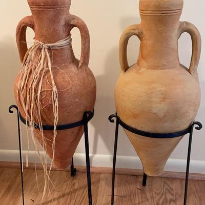 Pair of Terracotta Double Handled Vessels in Wrought Iron Stands