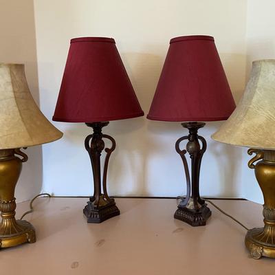 Vintage Double Handled Urn Table Lamps & Burgundy Shaded Lamps