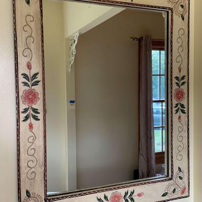 Rectangular Flower Art Natural Wood Wall Mirror