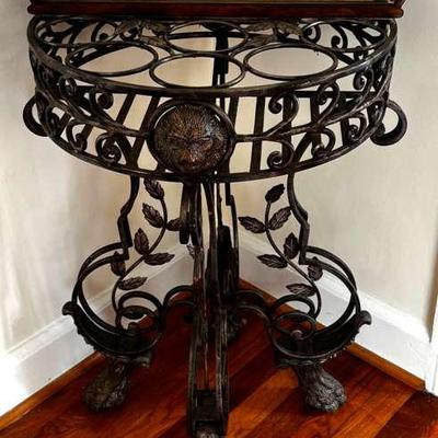 Wrought Iron Console With Claw Foot And Half Wood Top