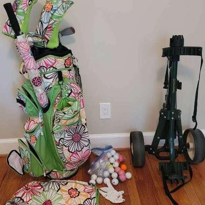 Lovely Ladies Floral-Patterned Golf Bag With Clubs & Spalding Golf Pushcart