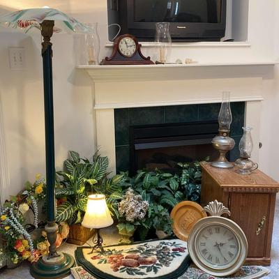 Floor Lamp, Small Oak Cabinet, & Faux Flowers