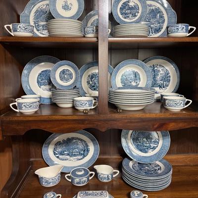 Blue And White Ceramic Dinnerware Set Featuring Currier & Ives