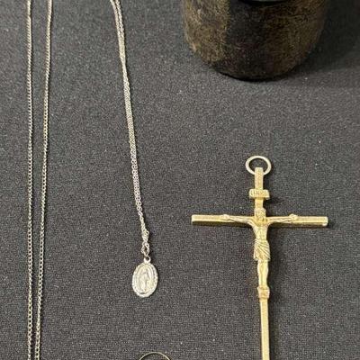 10K Gold Baby Ring, Sterling Silver Saint Necklaces, Lunt Silver Cup & Gold Tone Crucifix 